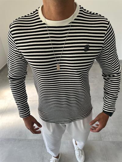 Beyaza Siyah Çizgili Basic Sweatshirt