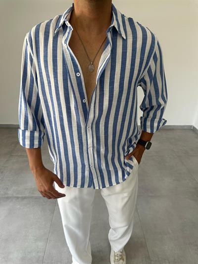 Bodrum Mavisi Çizgili Oversize Keten Gömlek