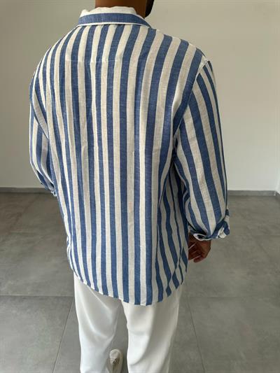 Bodrum Mavisi Çizgili Oversize Keten Gömlek