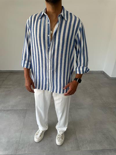 Bodrum Mavisi Çizgili Oversize Keten Gömlek