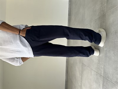 Lacivert Renk Bel Kısmı Lastikli Rahat Kesim Keten Baggy Pantolon