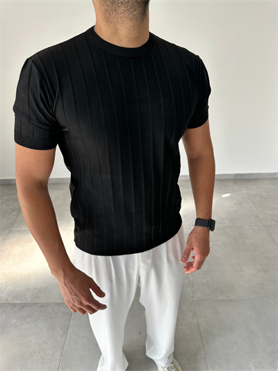 Şerit Detaylı Siyah Renk Basic T-Shirt