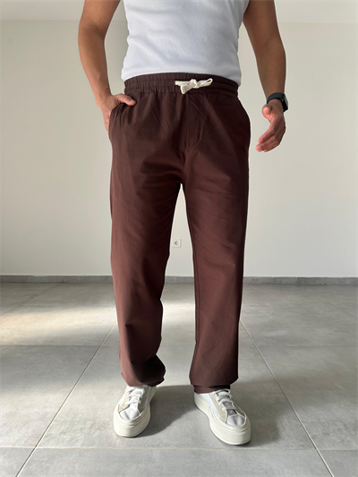 Kahve Renk Yıkamalı Bel Kısmı Lastikli Baggy Keten Pantolon