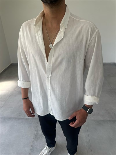 Beyaz Renk Oversize Kesim Fresh Keten Gömlek