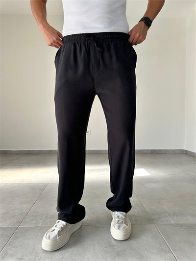 Modal Kumaş Siyah Renk Bel Kısmı Lastikli Basic Baggy Pantolon