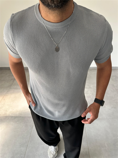 Gri Renk Selanik Örme Regular Fit T-Shirt