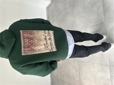 Pantch Ve Baskı Detaylı Yeşil Renk Premium Kapüşonlu Sweatshirt