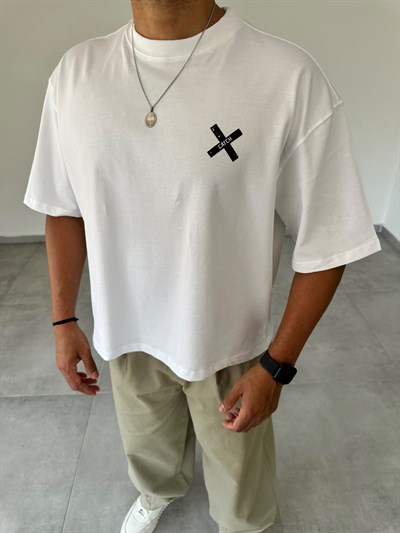 Beyaz Renk Catch Baskılı Crop Fit Oversize T-Shirt