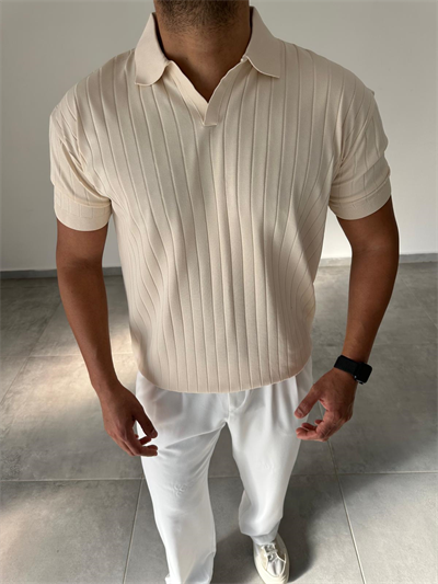 Bej Renk Şerit Detaylı Polo Yaka T-Shirt