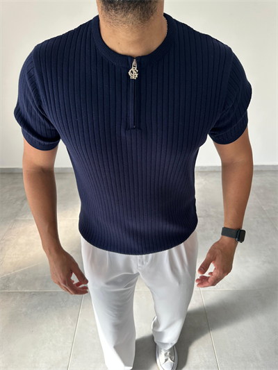 Lacivert Renk Fermuar Detaylı Premium Kalite Basic Triko T-Shirt