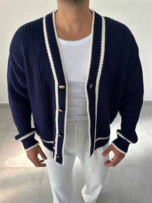 Lacivert Renk Oversize Kesim Vintage Tasarım Hırka