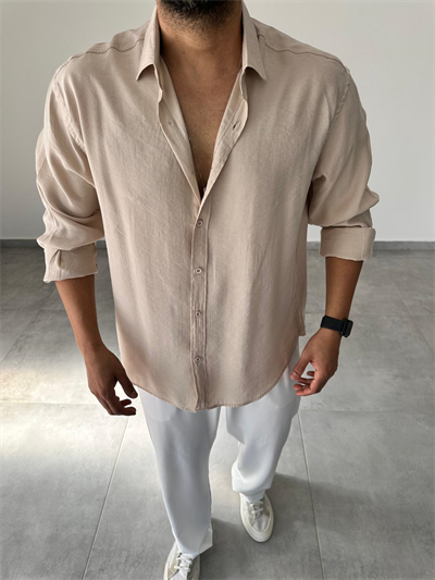 Modal Kumaş Bej Renk Oversize Kesim Gömlek