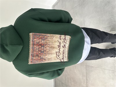 Pantch Ve Baskı Detaylı Yeşil Renk Premium Kapüşonlu Sweatshirt