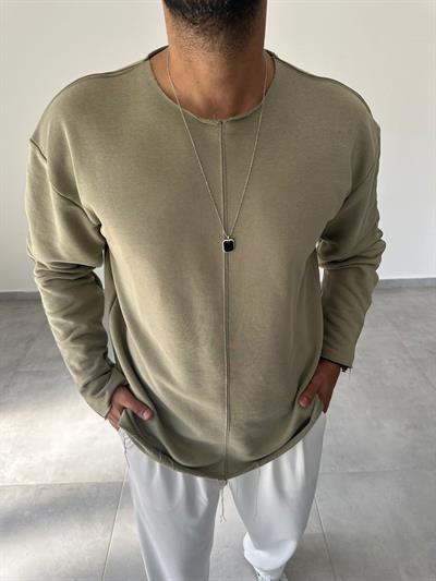 Çağla Renk Kesik Yaka Ve Dikiş Detaylı Oversize Kesim Sweatshirt