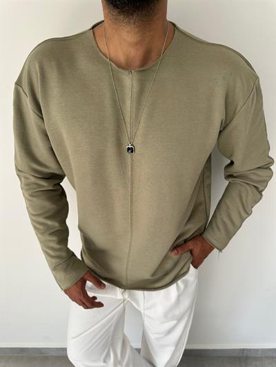 Çağla Renk Kesik Yaka Ve Dikiş Detaylı Oversize Kesim Sweatshirt