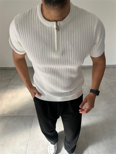 Beyaz Renk Fermuar Detaylı Premium Kalite Basic Triko T-Shirt