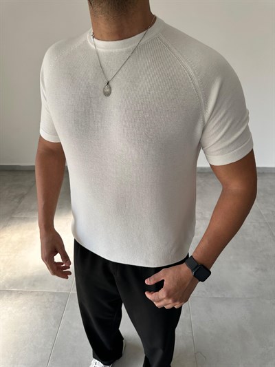 Reglan Kol Detaylı Beyaz Renk Premium Kalite Basic Triko T-Shirt
