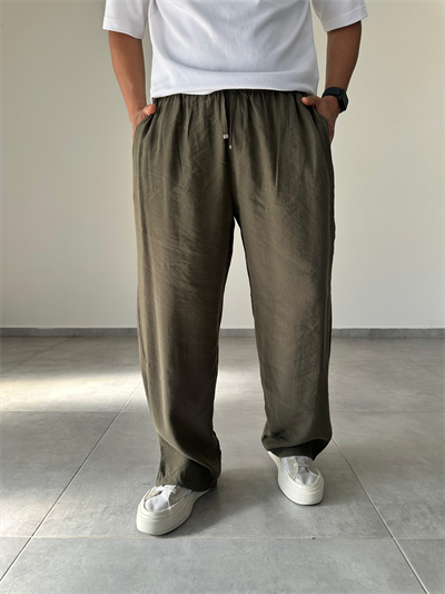 Tensel Kumaş Haki Yeşil Renk Rahat Kesim İnce Baggy Pantolon