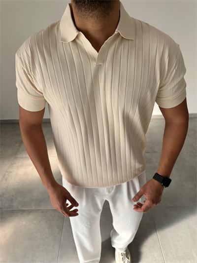 Bej Renk Şerit Detaylı Polo Yaka T-Shirt