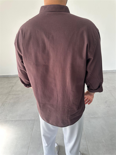 Kahve Renk Oversize Kesim Fresh Keten Gömlek