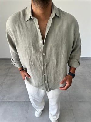 Ham Keten Oversize Kesim Haki Yeşil Renk Premium Keten Gömlek