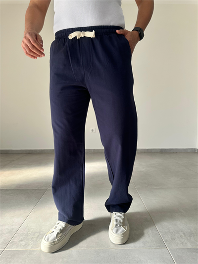 Lacivert Renk Yıkamalı Bel Kısmı Lastikli Baggy Keten Pantolon