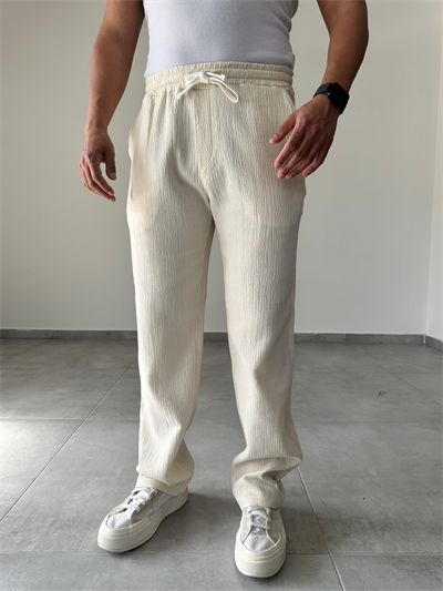 Bej Renk Müslin Keten Baggy Pantolon