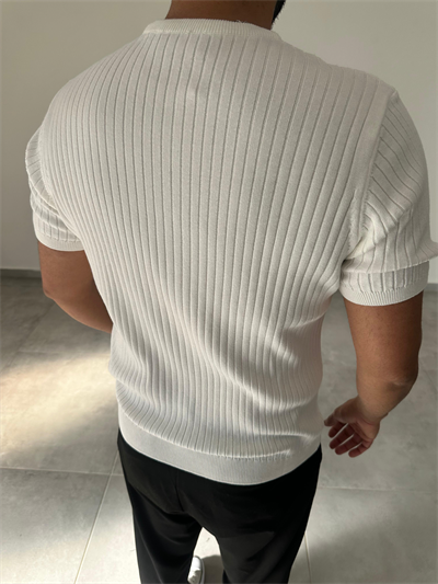 Beyaz Renk Fermuar Detaylı Premium Kalite Basic Triko T-Shirt