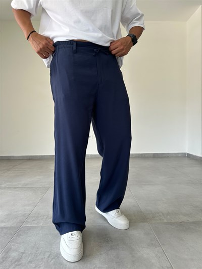 Tensel Kumaş Bel Kısmı Lastik Ve Bağcık Detaylı Lacivert Renk Baggy Pantolon