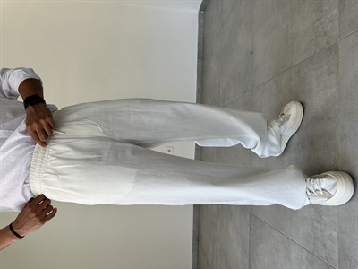 Beyaz Renk Bel Kısmı Lastikli Basic Baggy Keten Pantolon