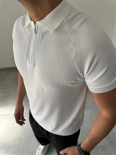 Polo Yaka Örgü Desenli Beyaz Renk Triko T-Shirt