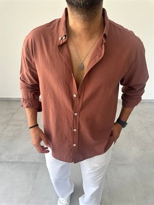 Kahve Renk Oversize Kesim Fresh Keten Gömlek