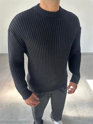 Siyah Renk Bisiklet Yaka Oversize Örme Kazak