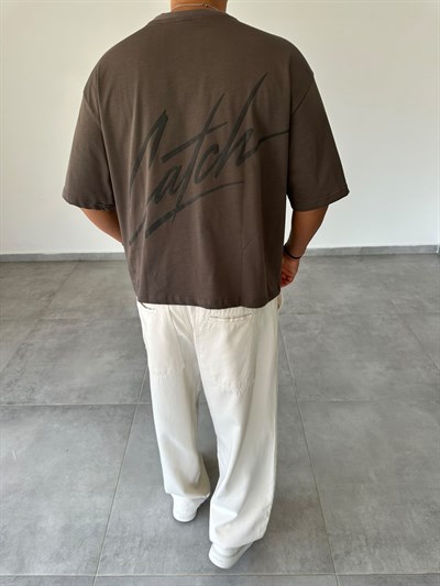 Kahve Renk Catch Baskılı Crop Fit Oversize T-Shirt