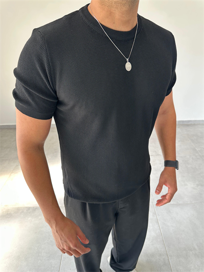 Siyah Renk Selanik Örme Regular Fit T-Shirt