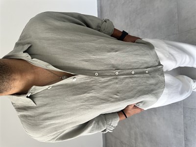 Ham Keten Oversize Kesim Haki Yeşil Renk Premium Keten Gömlek