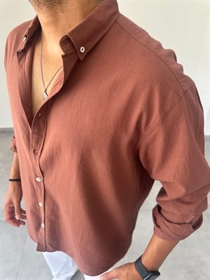 Kahve Renk Oversize Kesim Fresh Keten Gömlek