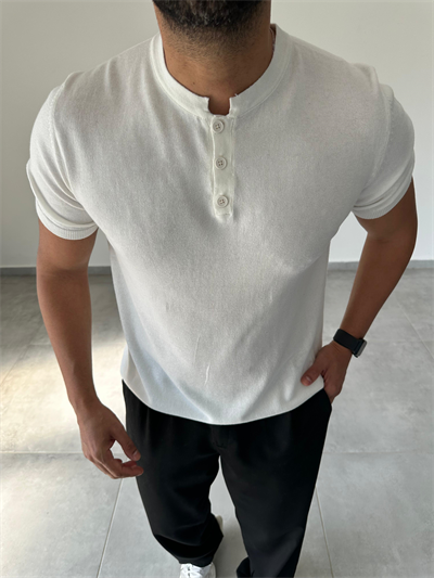 Düğme Detaylı Beyaz Renk  Premium Kalite Basic Triko T-Shirt