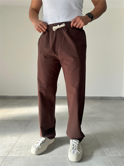 Kahve Renk Yıkamalı Bel Kısmı Lastikli Baggy Keten Pantolon