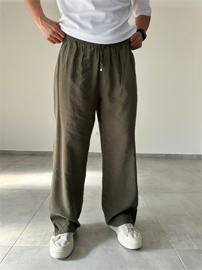 Tensel Kumaş Haki Yeşil Renk Rahat Kesim İnce Baggy Pantolon