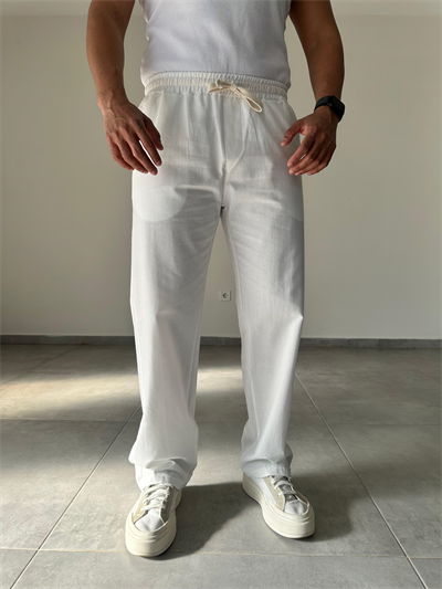 Beyaz Renk Yıkamalı Bel Kısmı Lastikli Baggy Keten Pantolon
