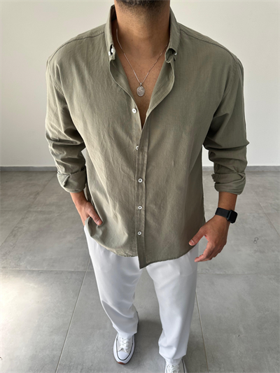 Haki Yeşili Oversize Kesim Fresh Keten Gömlek