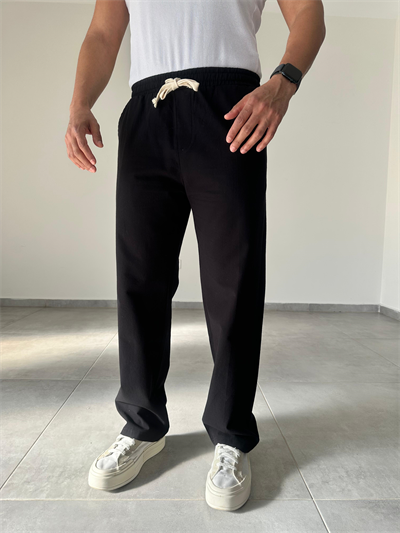 Siyah Renk Yıkamalı Bel Kısmı Lastikli Baggy Keten Pantolon