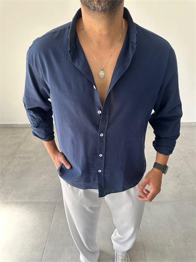 Lacivert Renk Oversize Kesim Fresh Keten Gömlek