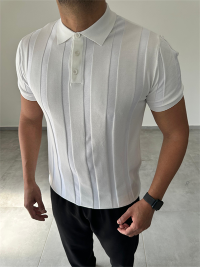Polo Yaka  Şerit Detaylı Beyaz Renk Triko T-Shirt