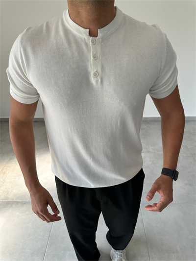 Düğme Detaylı Beyaz Renk  Premium Kalite Basic Triko T-Shirt