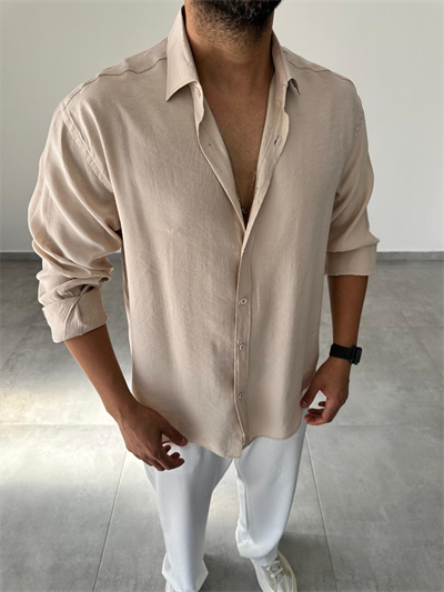 Modal Kumaş Bej Renk Oversize Kesim Gömlek