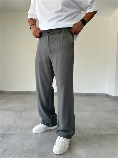 Tensel Kumaş Bel Kısmı Lastik Ve Bağcık Detaylı Antrasit Renk Baggy Pantolon