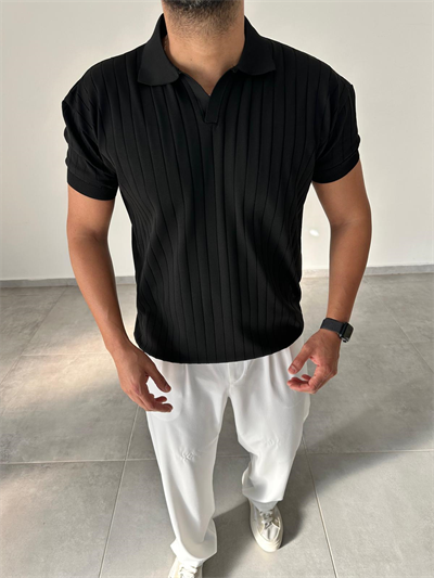 Siyah Renk Şerit Detaylı Polo Yaka T-Shirt