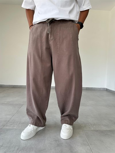 Kahve Renk  Dikiş Detaylı Bol Kesim Gabardin Baggy